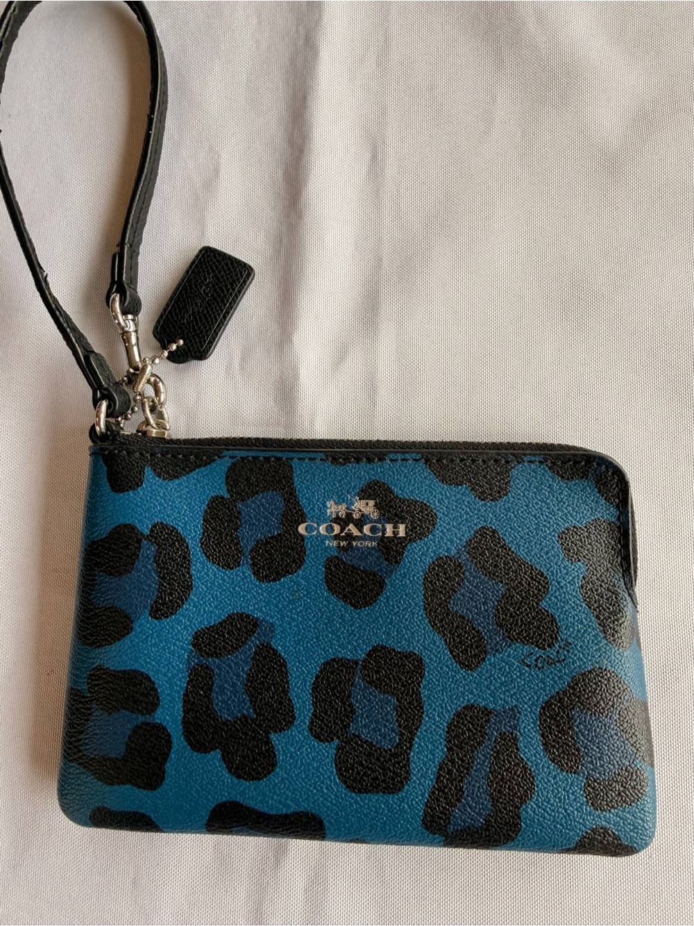 Coach Ocelot Blue & Black Leopard Corner Zip Wristlet with Hang Tag